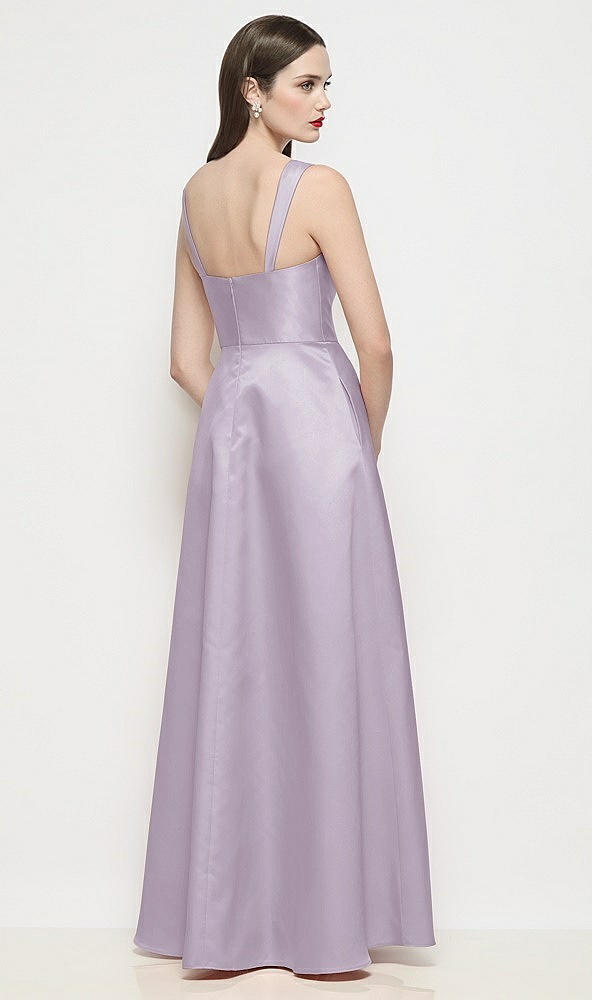 Back View - Lilac Haze Shaped Strap Basque Neck Satin Maxi Dress with Pleated Skirt