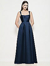 Front View Thumbnail - Midnight Navy Shaped Strap Basque Neck Satin Maxi Dress with Pleated Skirt