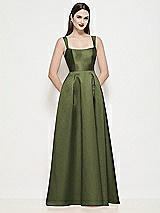 Front View Thumbnail - Olive Green Shaped Strap Basque Neck Satin Maxi Dress with Pleated Skirt