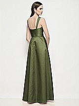 Rear View Thumbnail - Olive Green Shaped Strap Basque Neck Satin Maxi Dress with Pleated Skirt