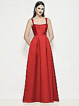 Front View Thumbnail - Poppy Red Shaped Strap Basque Neck Satin Maxi Dress with Pleated Skirt