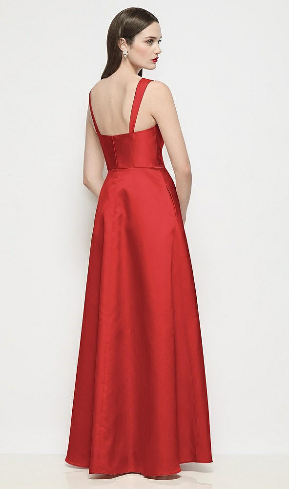 Back View - Poppy Red Shaped Strap Basque Neck Satin Maxi Dress with Pleated Skirt
