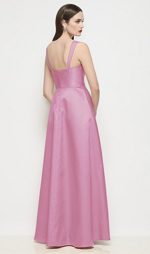 Back View - Powder Pink Shaped Strap Basque Neck Satin Maxi Dress with Pleated Skirt