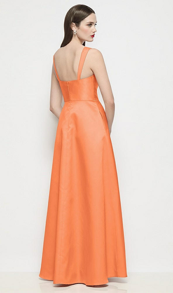 Back View - Portofino Orange Shaped Strap Basque Neck Satin Maxi Dress with Pleated Skirt