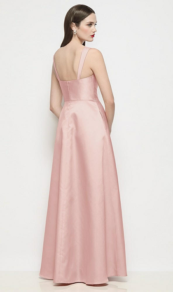 Back View - Rose Shaped Strap Basque Neck Satin Maxi Dress with Pleated Skirt