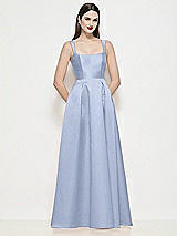 Front View Thumbnail - Sky Blue Shaped Strap Basque Neck Satin Maxi Dress with Pleated Skirt