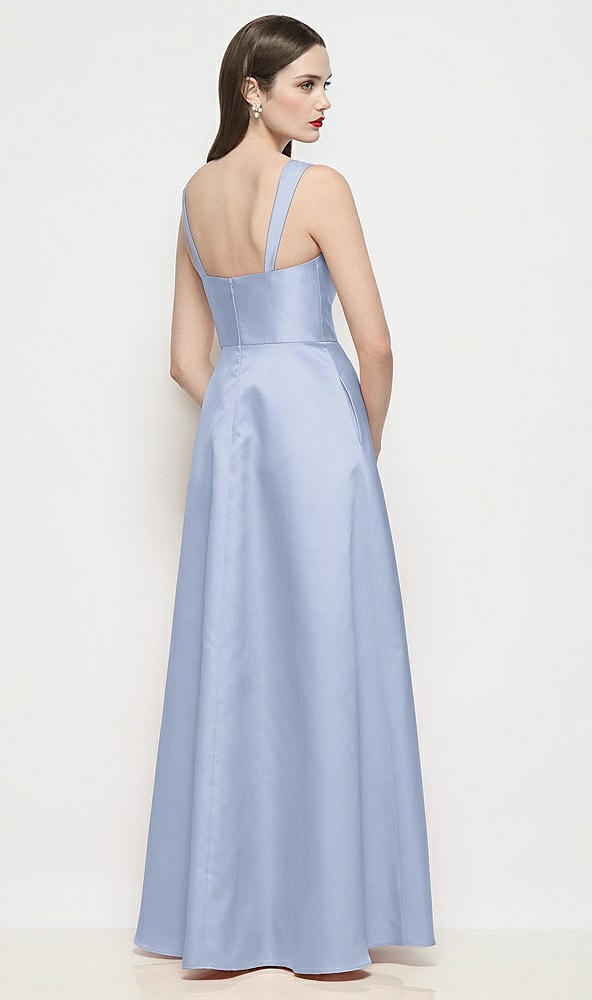 Back View - Sky Blue Shaped Strap Basque Neck Satin Maxi Dress with Pleated Skirt