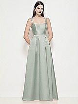 Front View Thumbnail - Willow Green Shaped Strap Basque Neck Satin Maxi Dress with Pleated Skirt