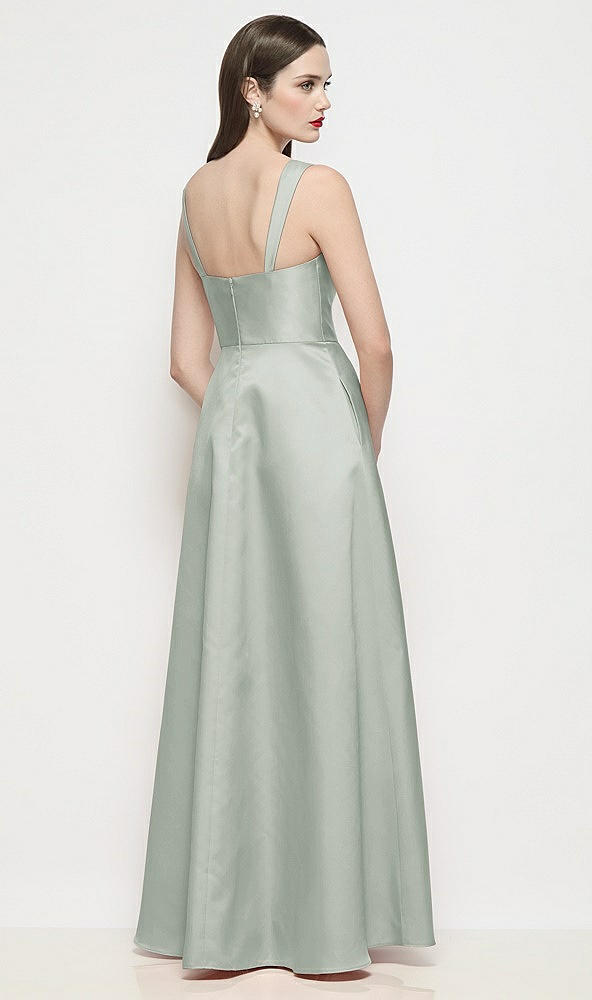 Back View - Willow Green Shaped Strap Basque Neck Satin Maxi Dress with Pleated Skirt