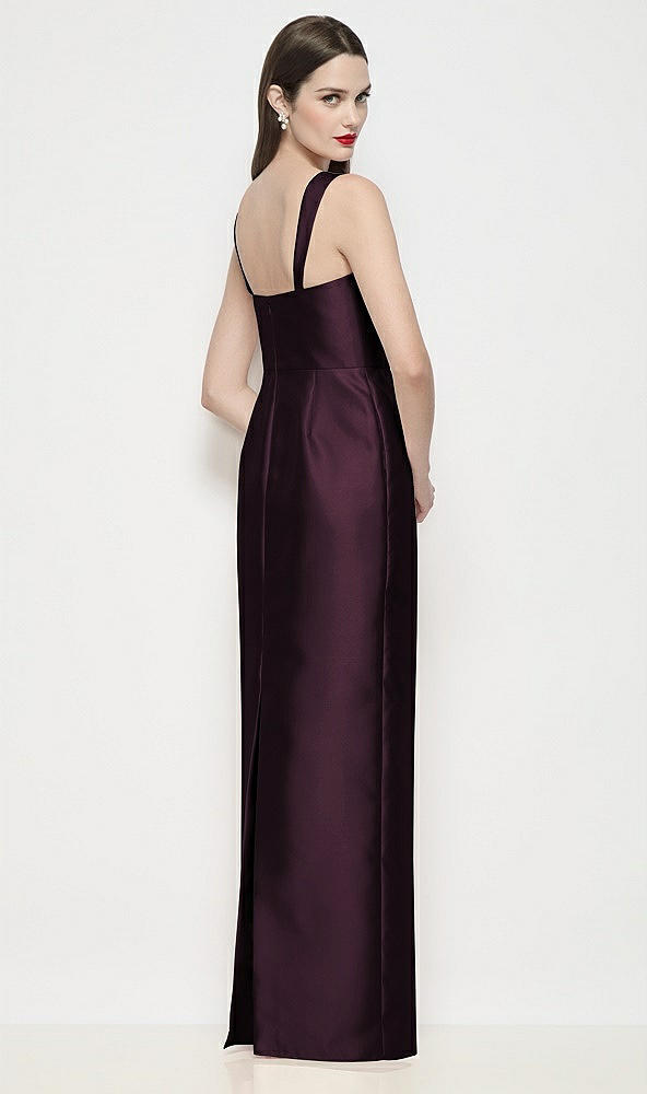 Back View - Deep Plum Shaped Strap Basque Neck Satin Maxi Dress with Column Skirt