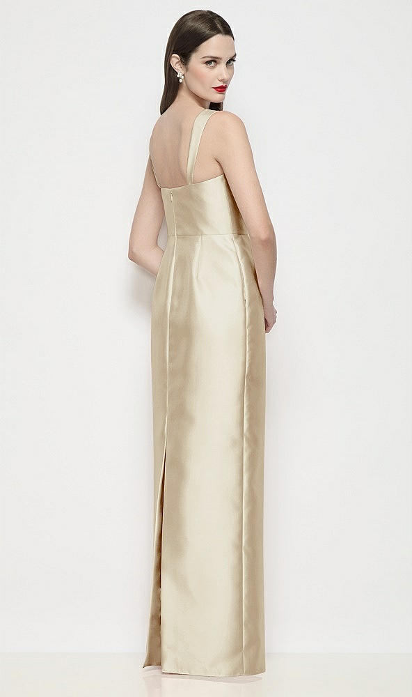Back View - Champagne Shaped Strap Basque Neck Satin Maxi Dress with Column Skirt