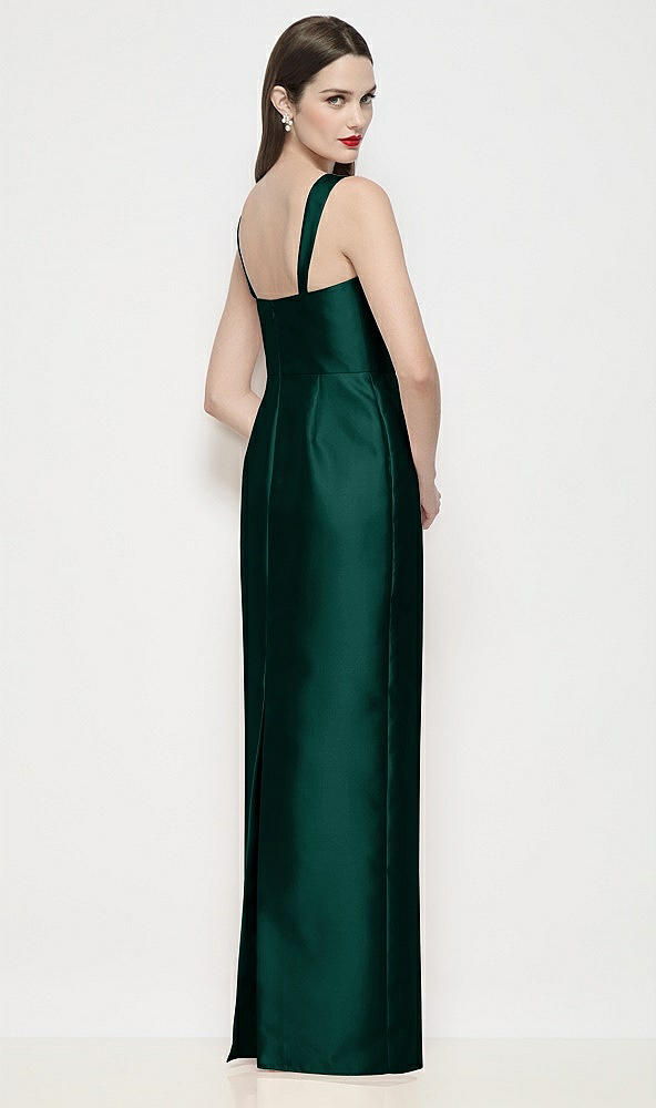 Back View - Evergreen Shaped Strap Basque Neck Satin Maxi Dress with Column Skirt