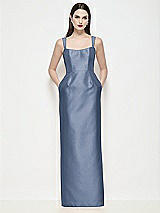 Front View Thumbnail - Larkspur Blue Shaped Strap Basque Neck Satin Maxi Dress with Column Skirt