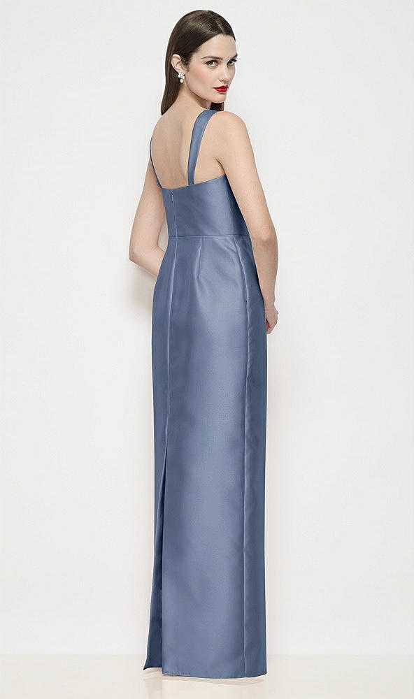 Back View - Larkspur Blue Shaped Strap Basque Neck Satin Maxi Dress with Column Skirt