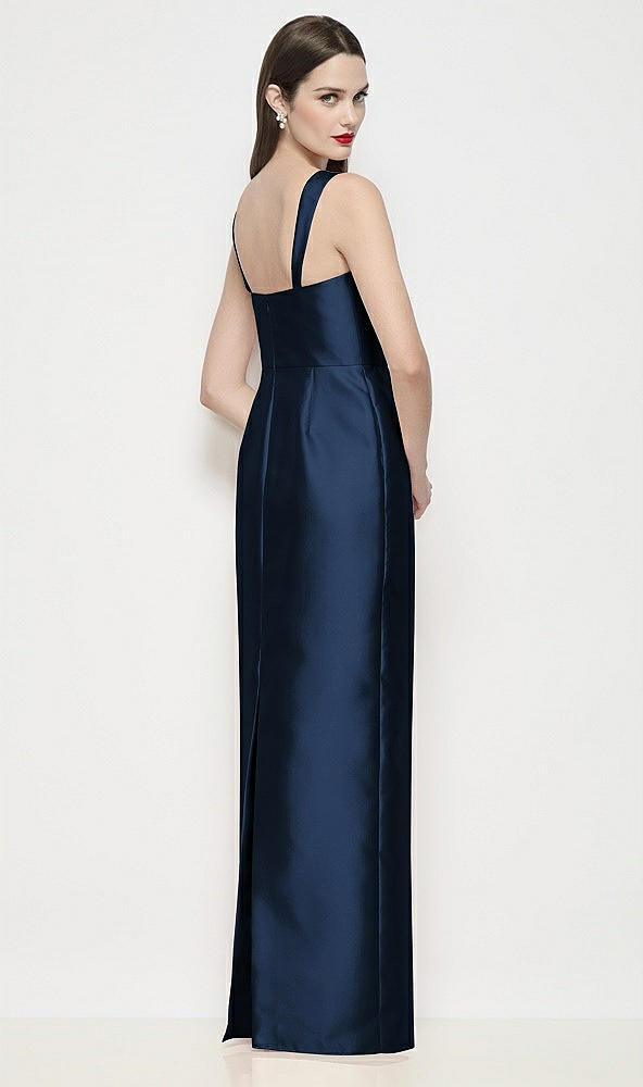 Back View - Midnight Navy Shaped Strap Basque Neck Satin Maxi Dress with Column Skirt