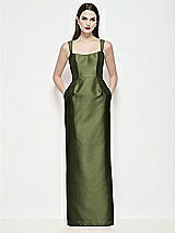 Front View Thumbnail - Olive Green Shaped Strap Basque Neck Satin Maxi Dress with Column Skirt