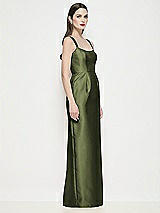 Side View Thumbnail - Olive Green Shaped Strap Basque Neck Satin Maxi Dress with Column Skirt