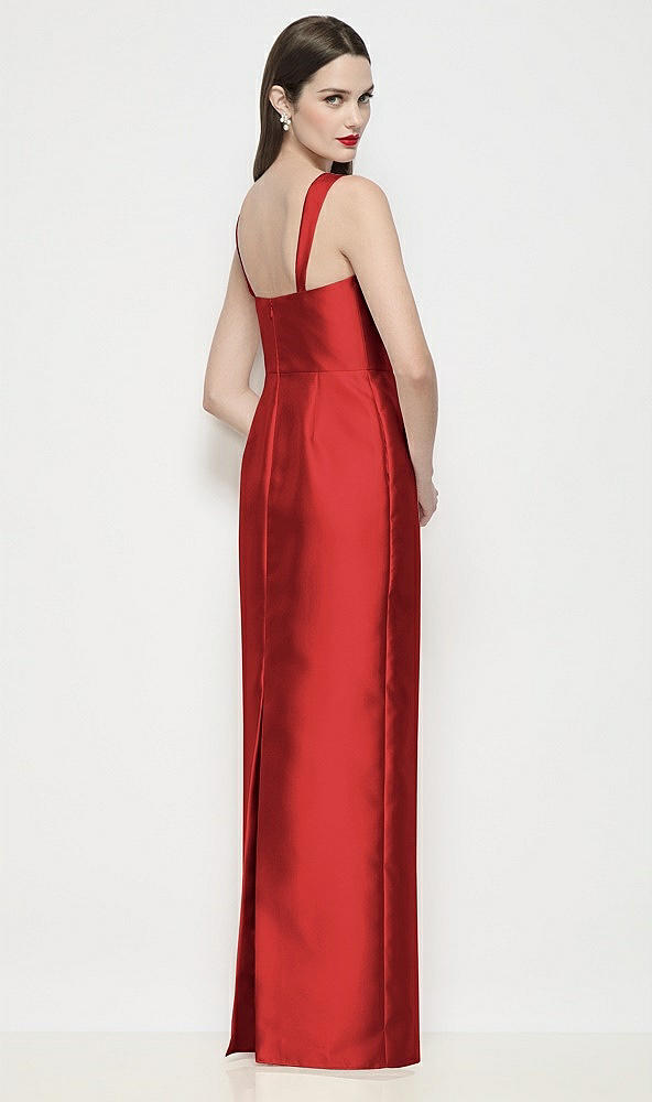 Back View - Poppy Red Shaped Strap Basque Neck Satin Maxi Dress with Column Skirt