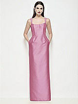 Front View Thumbnail - Powder Pink Shaped Strap Basque Neck Satin Maxi Dress with Column Skirt