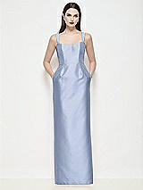 Front View Thumbnail - Sky Blue Shaped Strap Basque Neck Satin Maxi Dress with Column Skirt