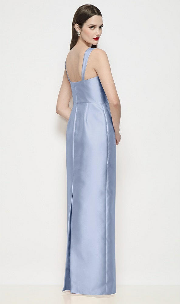 Back View - Sky Blue Shaped Strap Basque Neck Satin Maxi Dress with Column Skirt