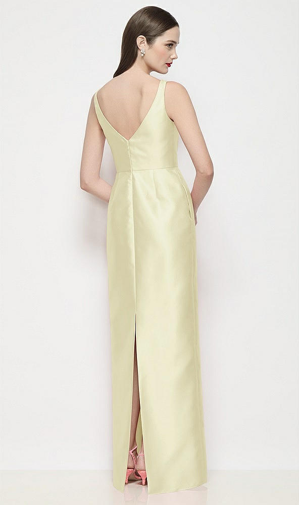 Back View - Butter Yellow Bateau Neck Satin Maxi Dress with Pleated Column Skirt