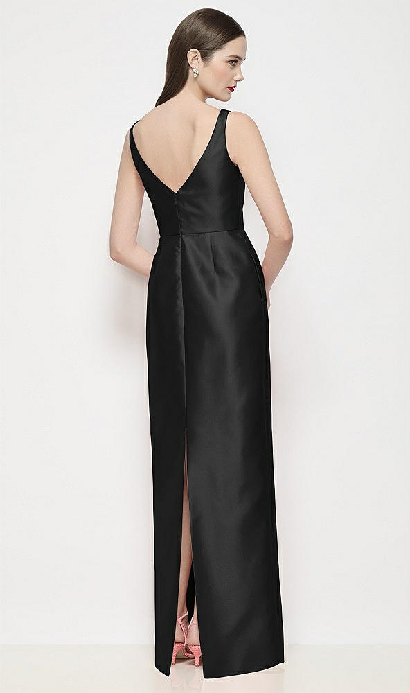 Back View - Black Bateau Neck Satin Maxi Dress with Pleated Column Skirt