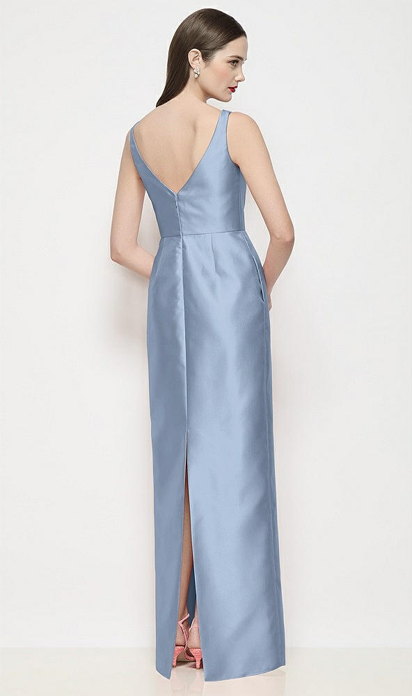 Back View - Cloudy Bateau Neck Satin Maxi Dress with Pleated Column Skirt