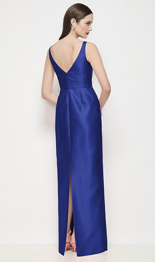 Back View - Cobalt Blue Bateau Neck Satin Maxi Dress with Pleated Column Skirt
