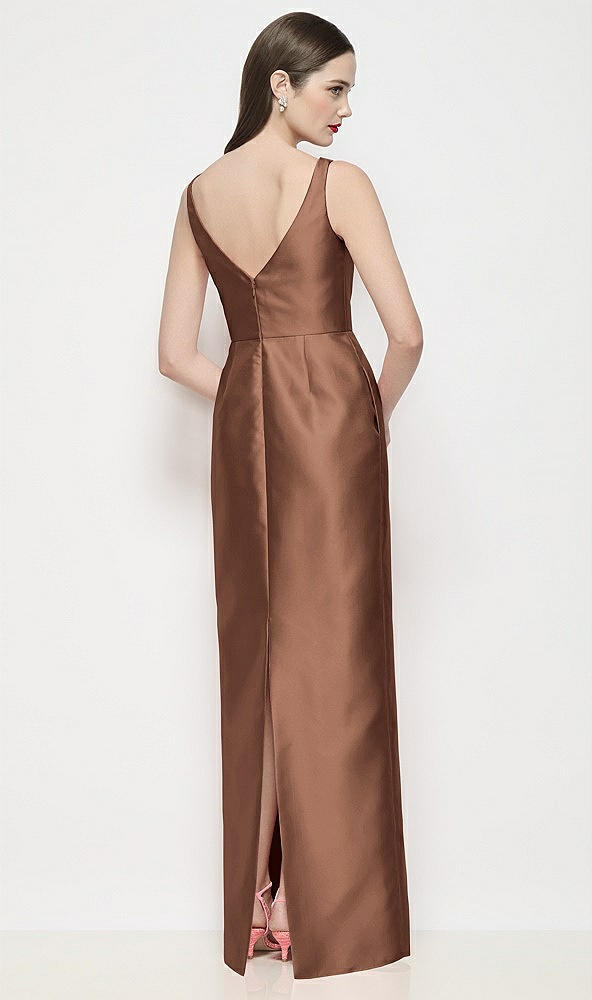 Back View - Cognac Bateau Neck Satin Maxi Dress with Pleated Column Skirt