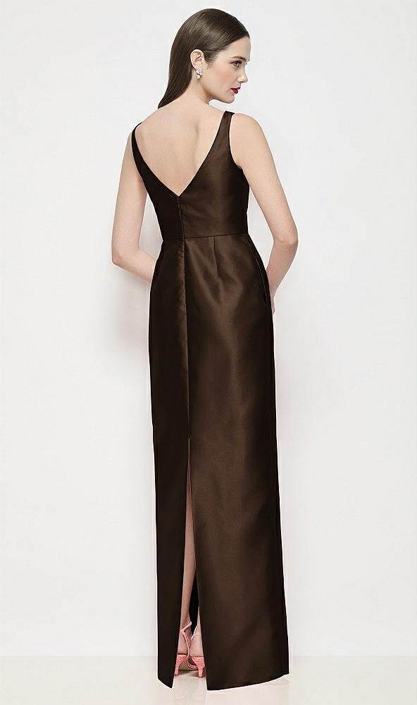 Back View - Espresso Bateau Neck Satin Maxi Dress with Pleated Column Skirt