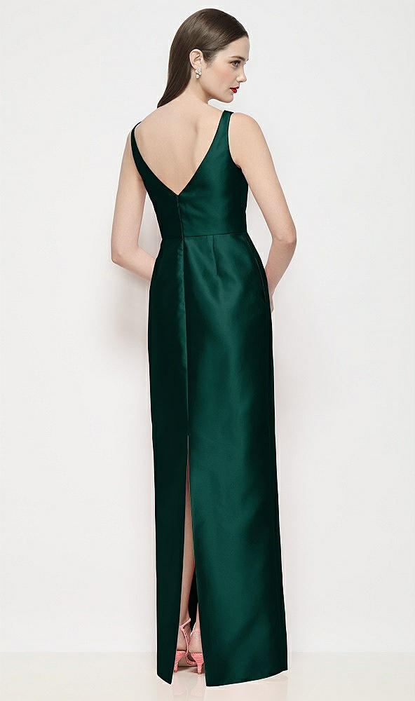 Back View - Evergreen Bateau Neck Satin Maxi Dress with Pleated Column Skirt