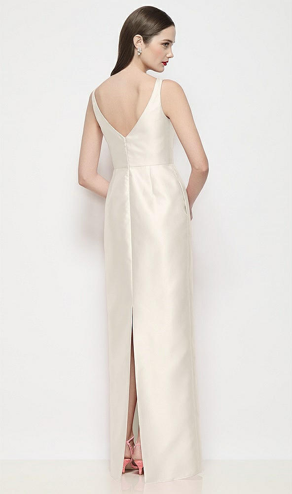 Back View - Ivory Bateau Neck Satin Maxi Dress with Pleated Column Skirt