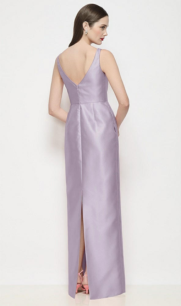 Back View - Lilac Haze Bateau Neck Satin Maxi Dress with Pleated Column Skirt