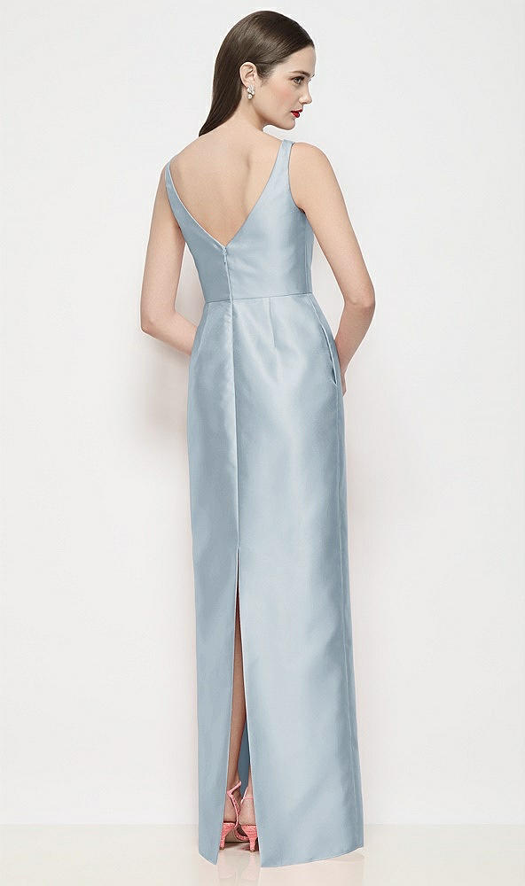 Back View - Mist Bateau Neck Satin Maxi Dress with Pleated Column Skirt