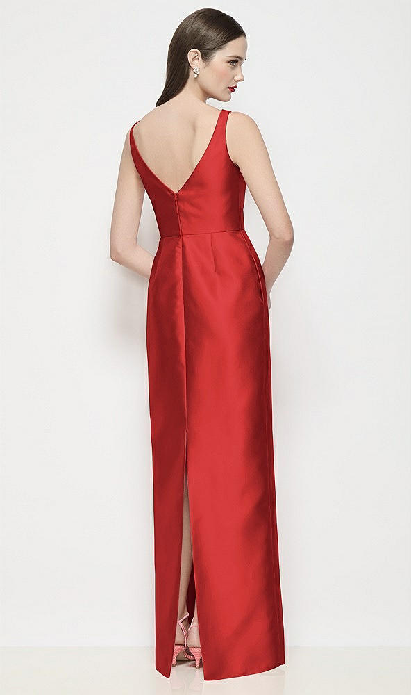 Back View - Poppy Red Bateau Neck Satin Maxi Dress with Pleated Column Skirt