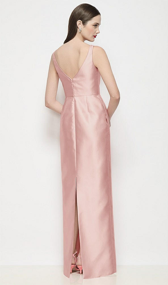 Back View - Rose Bateau Neck Satin Maxi Dress with Pleated Column Skirt