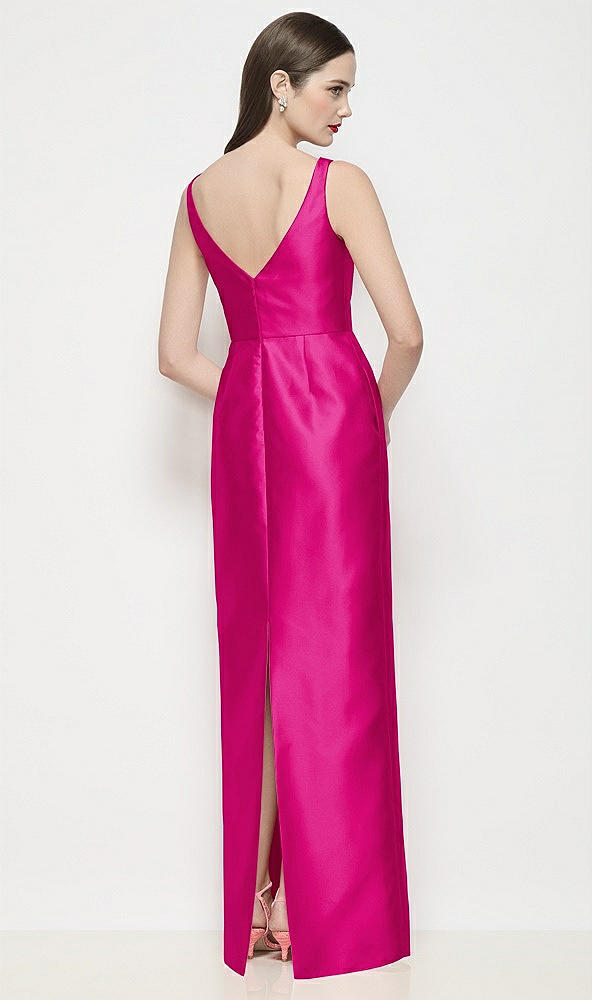 Back View - Think Pink Bateau Neck Satin Maxi Dress with Pleated Column Skirt