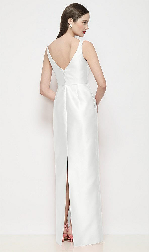 Back View - White Bateau Neck Satin Maxi Dress with Pleated Column Skirt