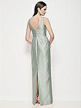 Rear View Thumbnail - Willow Green Bateau Neck Satin Maxi Dress with Pleated Column Skirt