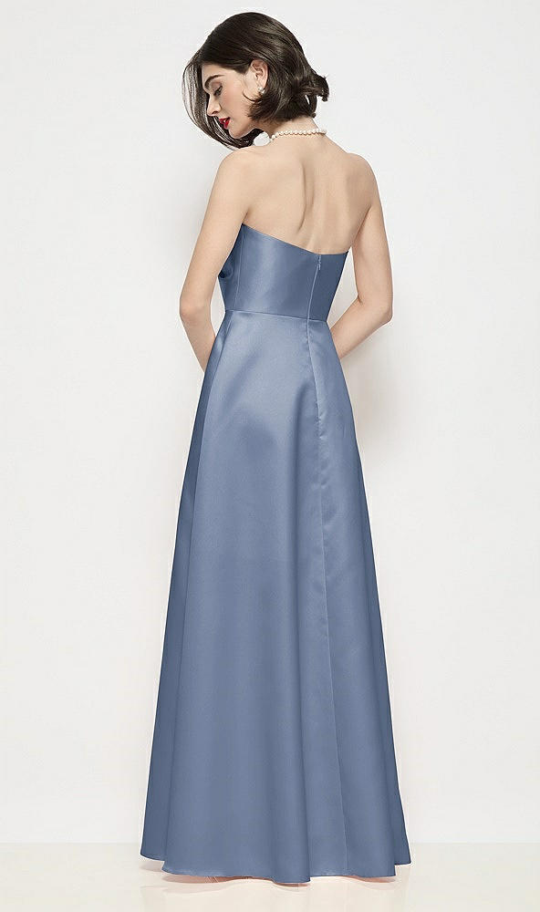 Back View - Larkspur Blue Strapless Pleated U-Wire Satin Maxi Dress with Semi Circle Skirt