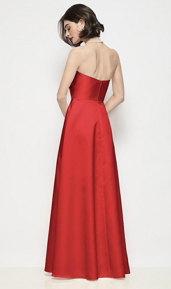 Back View - Poppy Red Strapless Pleated U-Wire Satin Maxi Dress with Semi Circle Skirt