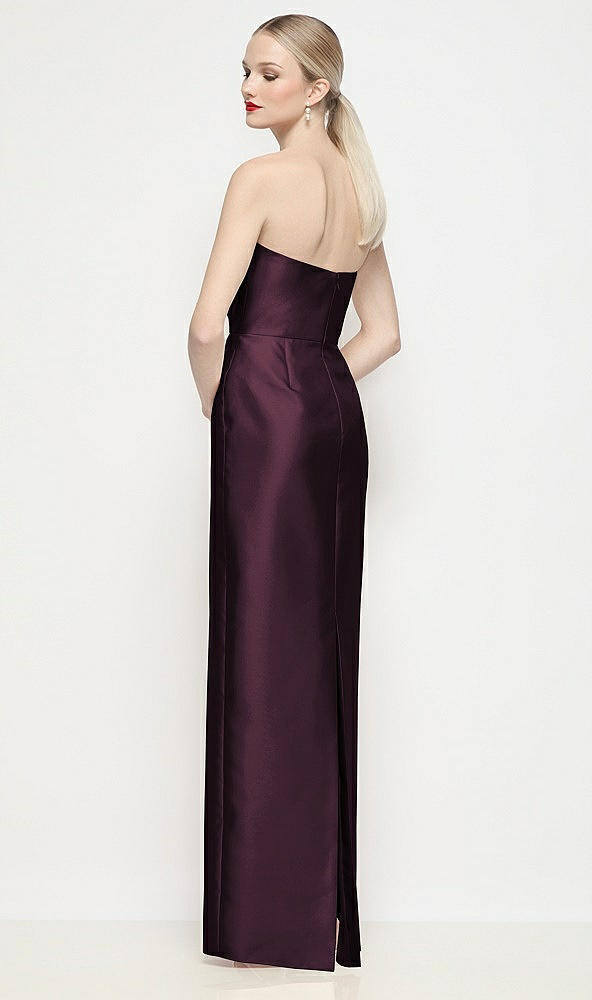 Back View - Deep Plum Strapless Pleated U-Wire Satin Column Maxi Dress
