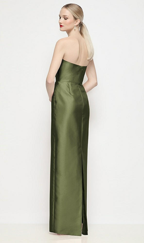 Back View - Olive Green Strapless Pleated U-Wire Satin Column Maxi Dress