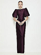 Side View Thumbnail - Deep Plum Bateau Neck Satin Column Maxi Dress with Puff Sleeves