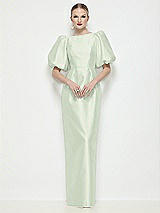 Side View Thumbnail - Mint Green Bateau Neck Satin Column Maxi Dress with Puff Sleeves