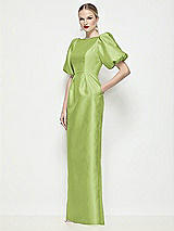 Front View Thumbnail - Mojito Bateau Neck Satin Column Maxi Dress with Puff Sleeves