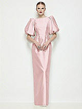 Side View Thumbnail - Ballet Pink Bateau Neck Satin Column Maxi Dress with Puff Sleeves