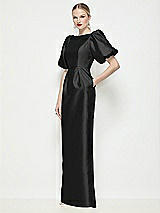 Front View Thumbnail - Black Bateau Neck Satin Column Maxi Dress with Puff Sleeves