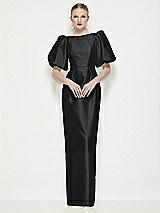 Side View Thumbnail - Black Bateau Neck Satin Column Maxi Dress with Puff Sleeves